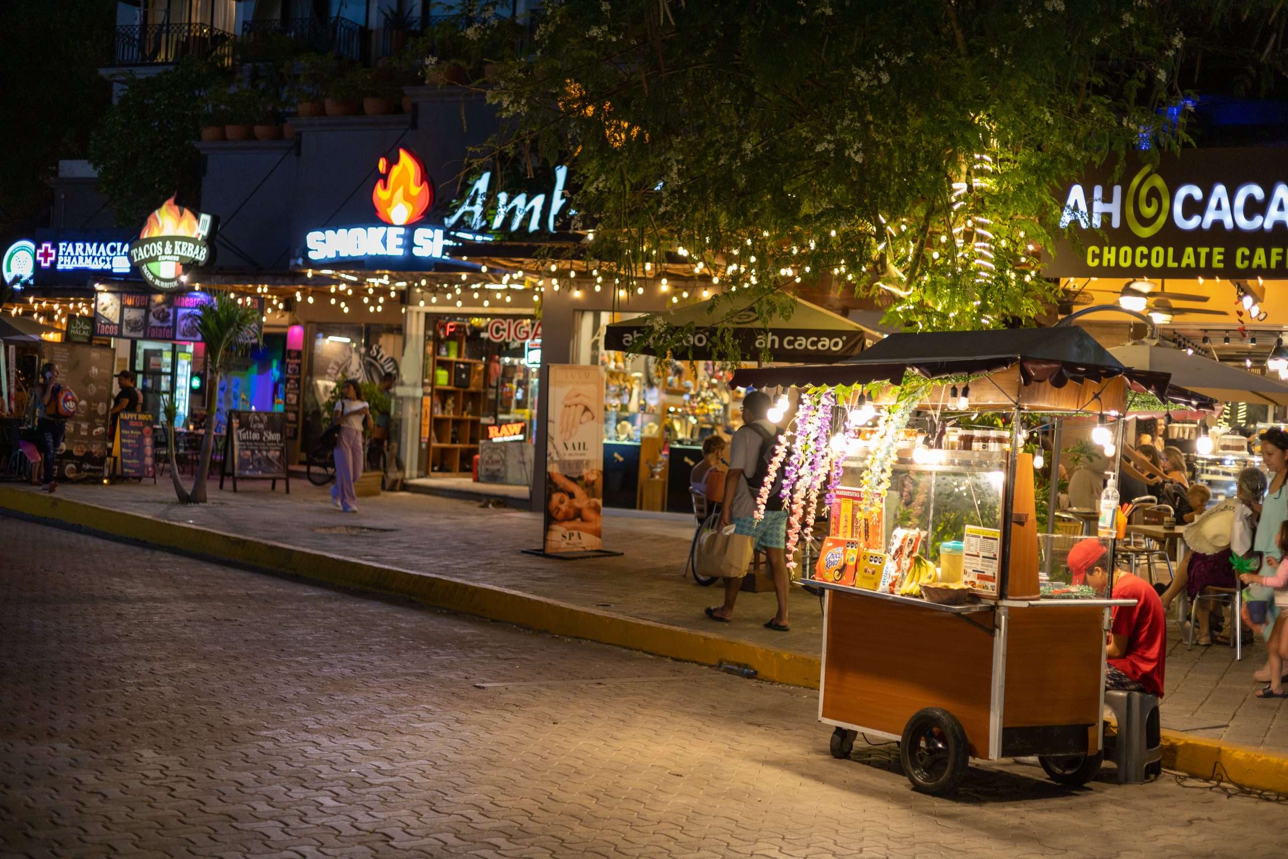 Planning Your Getaway: The Best Guide to Traveling in Playa del Carmen 6 Stall and stores at night on Av. Constituyentes in Playa del Carmen